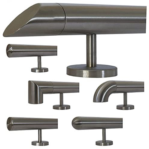 TIBU Handlauf Edelstahl 33,7 mm Geländer 0,3m - 6m, Länge 570 cm, Ende schräges Endstück und gerade Halter