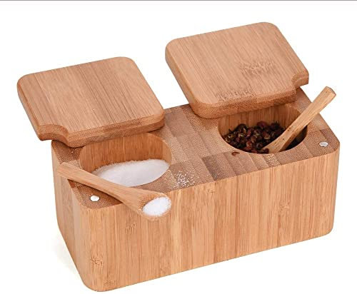 Bamboo Swivel Salt Pepper Spice Box Cellars Pinch Pot with Magnetic Lid-2 Pot for Herbs and Spices + 2pcs Mini Salt Spoon