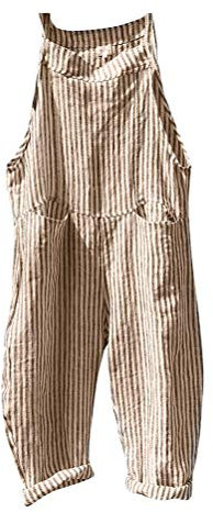 Minetom Latzhose Damen Jumpsuit Overalls Frauen Verband Streifen Latzhosen Mode Leinen Bodysuit Spielanzug Hose Lange mit Taschen Gelb DE 42