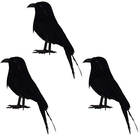 NUOBESTY 3 Stücke Halloween Rabe Schwarze Krähe Figur Dekofigur Tierfigur Gefiederte Künstliche Vogel Gartendeko Tischdeko Vogelabwehr Taubenschreck Horror Party Deko