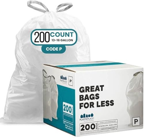 Plasticplace Drawstring Trash Bags, Compatible with simplehuman Code P, White Garbage Liners 13-16 Gallon / 50-60 Liter, 23.5 x 31.5, (200 Count)