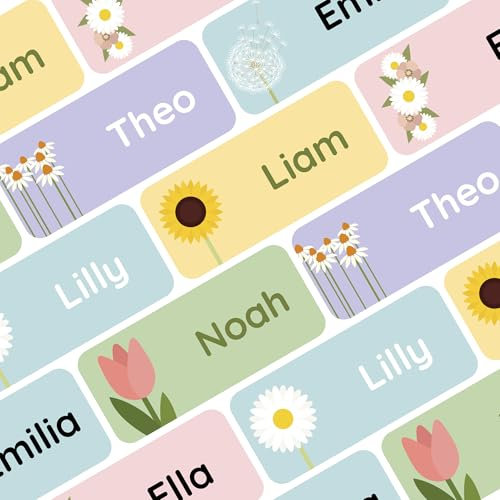 Klebekerlchen® Namensaufkleber für Kinder (120 Stück), Kleidung & Gegenstände Namensschilder personalisiert und waschmaschinenfest, Schule und Kindergarten - Blumen