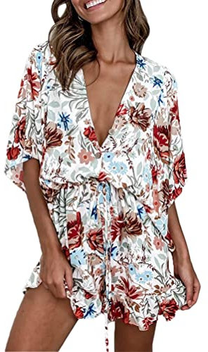 Minetom Jumpsuit Damen Kurz Playsuit Sommer Vintage Blumen Kurzarm Overall V-Ausschnitt Knöpfe Romper Sexy Shorts Kurze Hose Y3 Mehrfarbig 40