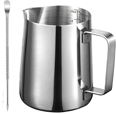 Milk Jug 600ml 304 Stainless Steel Milk Frothing Pitcher 20oz with Scale & Pen, Ideal for Espresso, Cappuccino, Latte Art, Milk Steaming, Barista Training, Home Coffee Makers (600ml + Pen)