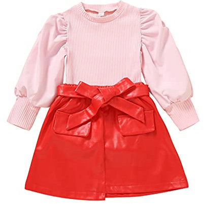 Zukmuk 2 Pièces Ensemble de Vêtement pour Bébé Fille 18 Mois à 6 Ans Outfit Fille Automne et Hiver Haut Manche Bouffante + Jupe en PU Cuir (Rose, 4-5 Ans)