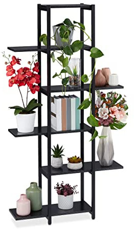 Relaxdays Pflanzenregal, Blumentreppe mit 6 Ablagen, HBT: 150 x 78 x 24 cm, Stahl & MDF, Blumenregal für innen, schwarz