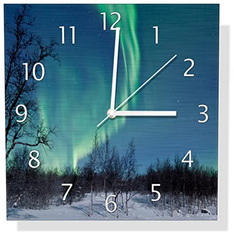 Wallario Design Wanduhr Polarlicht in Schweden aus Aluverbund, Alu-Uhr Größe 30 x 30 cm, weiße Zeiger mit Metalloptik