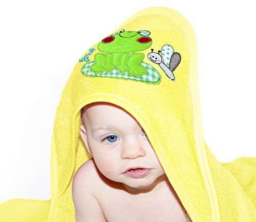 Lashuma Baby Badehandtuch für Jungen und Mädchen, Kapuzen Handtuch 75x75 cm gelb, Strandtuch Stick: Frosch