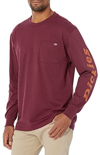 Dickies Men's Long Sleeve Wordmark Graphic T-Shirt, Burgundy, Large