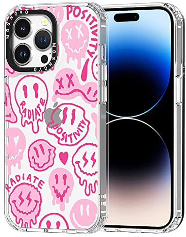 MOSNOVO für iPhone 14 Pro Max Hülle – Durchsichtige, schlanke, stoßfeste TPU+PC-Handyhülle, [6,6 Fuß Fallschutz/Anti-Abziehen] - Rosa tropfendes Lächel-Gesicht mit positiver Ausstrahlung