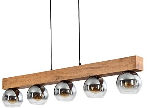 Pendelleuchte Vouhet, moderne Pendellampe aus Metall/MDF/Glas in Schwarz/Holzoptik/Braun/Chromfarben, Leuchte mit Höhe max. 122,5 cm, 5-flammig, 5 x E27, ohne Leuchtmittel
