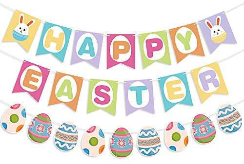 Frohe Ostern Banner,Happy Easter Banner 3 Stück, Osterhasen Karotteneier Girlande Ostern Deko Für Ostern Garten Frühling Party Dekoration