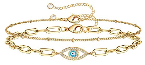 TINGN Geschichtete Böses Auge Armbänder für Damen Schmuck, 14 Karat Gold Gefüllte Geschichtet Perlenketten Armband Büroklammer Kette Evil Eye Armbänder für Frauen(Zirkonia Böser Blick & Gliederkette)
