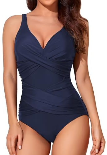 Smismivo Badeanzug Damen Bauchweg Push Up Schwimmanzug mit Retro Schlankheits Raffung Einteilige bademode Swimsuits for Women