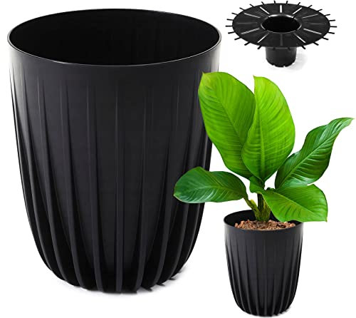 Konzept 11 - Hoher Blumentopf 25cm Durchmesser, Pflanzkübel Groß für Außen, Balkon, Übertopf mit Einsatz Schwarz Palmentopf