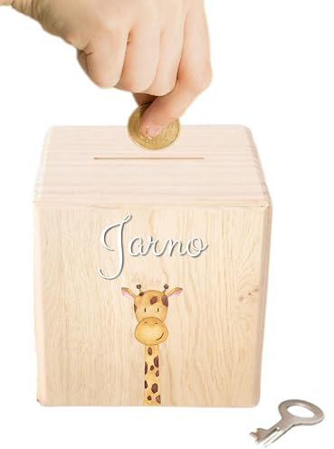 wunderwunsch - Personalisierte Spardose Kinder aus Holz mit Metallschloss - Spardose mit Namen mit 3D Acryl-Schrift zum Sparen für Kinderträume