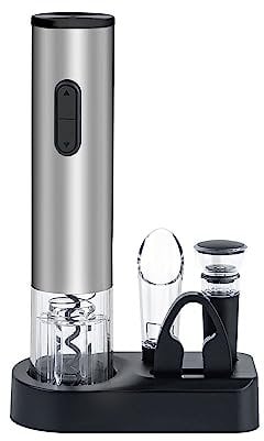 Mcbazel Electric Wine Bottle Opener Set,Automatic Electronic Corkscrew, Battery Operated Wine Opener Kit with Foil Cutter Vacuum Stopper Wine Aerator Pourer, Stainless Steel(Sliver)
