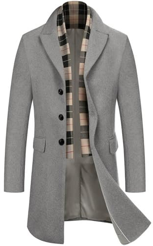 COOFANDY Herren Mantel Wintermantel Slim Fit Business Winterjacke Warmer Trenchcoat Jacken Kurzmantel Herrenmantel mit Abnehmbaren Karierten Schals Hellgrau M
