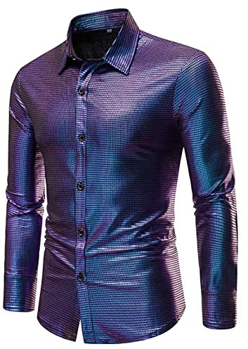 Gefomuofe Herren Pailletten Kurzarm Knopfleiste Kurzarm-Hemd 70er-Jahre Disco Party Kostüm Motto Party Hippie Silvester Karneval Fasching Jungen Pailletten Glitzer Hemd