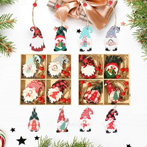24Pcs Adornos Navidad Madera,Colgantes Con Forma De Árbol De Navidad De Madera Pequeños Gnomos Navideños De Madera Decoración De Árbol De Navidad Colgante Colgante Navideño De Madera Gnomos Con Cordón