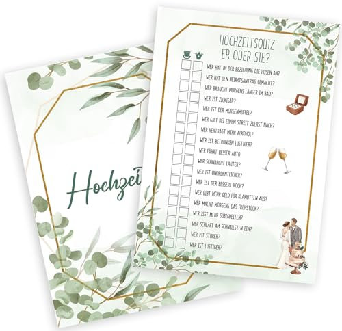 Hochzeitsspiele, 50 Karten mit 18 lustigen Fragen Hochzeitsspiele für Gäste, Hochzeitsbingo DIN A5, Hochzeitsspiele für Das Brautpaar Hochzeitsquiz