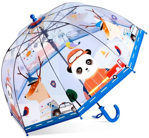 Rhomba Klar Transparente Blase Clear Bubble Umbrella for Children Lightweight Cute 8 Fibre Ribs Cute Dome See Through Perfect for Walking Kids Umbrella for Child (Blauer Panda)