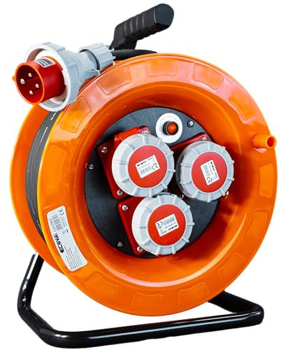 ELETTROWATT Prolunga Elettrica 30 Metri Trifase con Avvolgicavo Professionale, Spina Industriale CEE 4Poli 16A IP67 e 3 prese di corrente CEE 4Poli 16A IP67, Cavo 4G2.5 in Neoprene H07RN-F 380V 400V