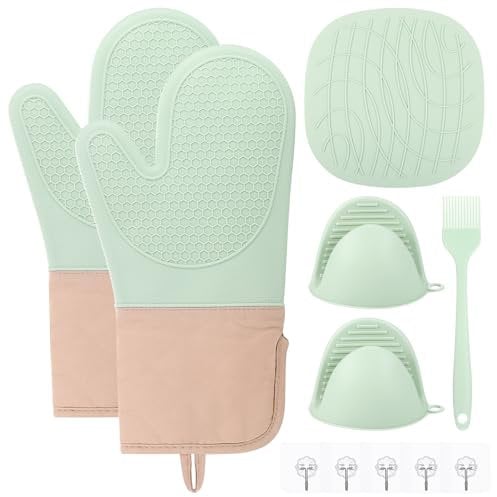 6 Stück Ofenhandschuhe Silikon Set, Dauerhaft Topflappen & Ofenhandschuhe Hitzebestaendig, Silikon Topflappen Handschuh, Küchen Zubehör Backofen Handschuhe with Untersetzer Topf & Klebehaken & Bürste
