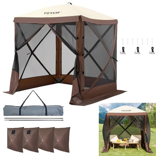 VEVOR Cenador de Tienda Desplegable con Mosquitera, 1,83 x 1,83 x 2,1 m, Cenador Marrón con 4 Paños de Viento de Privacidad Extraíbles y Ventanas de Malla, Tienda de Campaña de Instalación Rápida