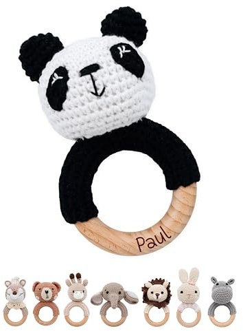 Bärenfreunde® - Personalisierter Beißring Baby - Niedlicher Greifling für Baby's ab 0 Monate - Babyrassel mit Name als Baby Geschenk für Mädchen und Jungen (Panda,mit Name)