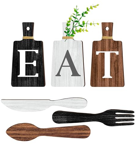 JINRICH 6 Piece Kitchen Decor Chopping Board Eat Sign Forks and Spoons Wall Decor Wooden Restaurant Hanging Sign Rustic Farmhouse Wall Art Home Decor（black, white and brown）