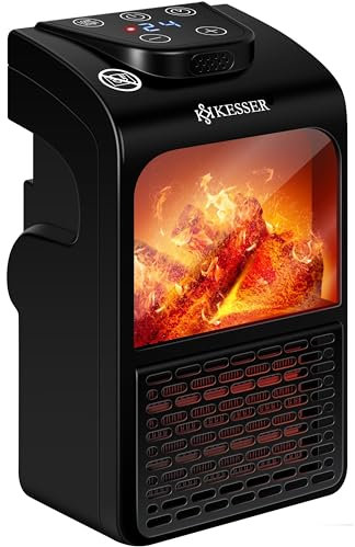 KESSER® Prese, termoventilatore a risparmio energetico, mini con effetto camino, telecomando, display LCD, in ceramica, con termostato da 400 W, regolazione della temperatura, timer, ufficio, bagno,