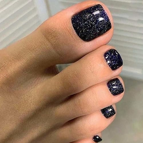 24Pcs Black Glitter False Toe Nails - Short Square Acrylic Stick-ons - Glossy Finish - Unaffected Look with Glue - Reusable