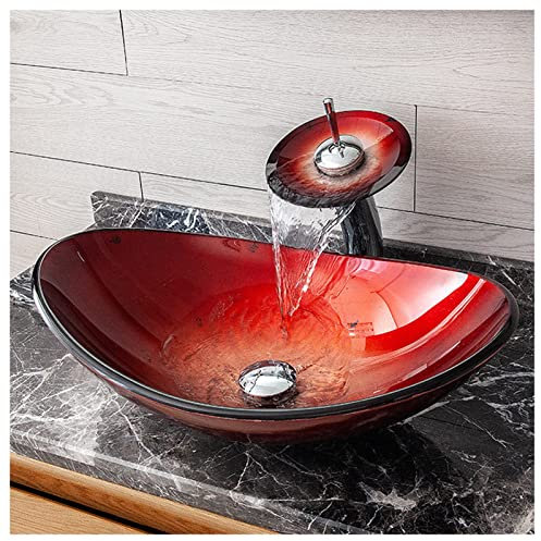 Ovales Waschbecken-Set mit heißem geschmolzenem gehärtetem Glas und Wasserhahn, Rot