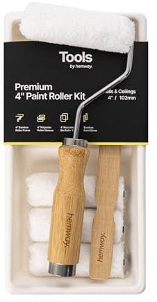Hemway Premium Bamboo Paint Roller Kit Set | 4 Tool with 4 Small Mid Pile Sleeves, Paint Tray & Painters Mixing Stick | Mini Rollers & Stirrer for a Smooth Professional Finish | Eco Decorating Tools