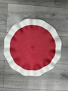 Biznest Set of 6 Round Wavy Rattan Placemat 38 cm, Durable & Stylish Table Mats for Home Dining & Décor (White-Red)