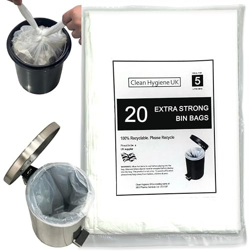5L Bin Liners Extra Strong Dustbin Waste Bags For Round, Oval, Square & Rectangular Pedal Bins 5 Liter For Bedroom Bathroom Office Hotels Garbage White Refuse Trash Rubbish Sacks 5 Litre - 20 Count