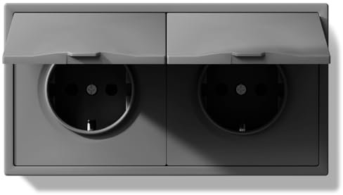 BSEEDLIFE Double Prise Schuko Encastrée Norme UE,Prise Murale 16A avec Cadre en PC,Avec Housse Imperméable,Griffes Rabattables,Type F avec Terre,2 Voies 150 * 80mm Gris