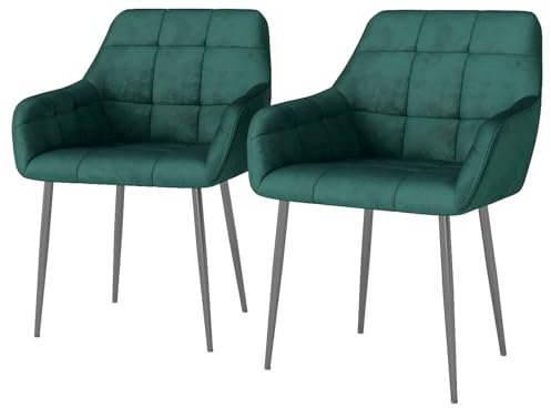 Eccellensedie Esszimmerstühle 2er Set Moderne Küchenstühle – Bequeme Wohnzimmerstuhl Polsterstuhl Sitzfläche Samt mit Armlehnen & Metallfüßen (2, Grün)