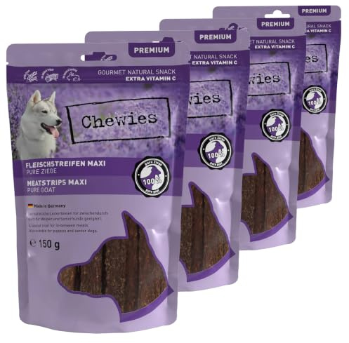 Chewies Fleischstreifen Maxi Hundeleckerli aus 100% Ziegenfleisch - 4 x 150 g - luftgetrocknete Ziegen Kaustreifen für Hunde - zuckerfrei & getreidefrei - Dörrfleisch von der Ziege