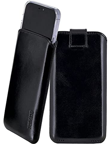 Suncase Echtleder Hülle kompatibel mit iPhone 17 Pro Max – Premium Handyhülle Tasche mit Pull-Tab Funktion & transparentem Schutzcase in schwarz
