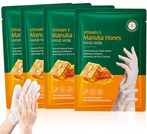 Honey Hand Mask Gloves, Manuka Honey Hand Moisturiser Masks, Deep Hydrating Hands Repair Mask for Dry, Rough and Cracked Skin, Nourishing Exfoliating Gloves for Hands (4PCS)