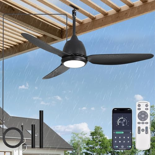 Outdoor Ceiling Fan, 106.7 cm, Ceiling Fan with Light, Plug-in Ceiling Fans with Waterproof IP65, Smart App Remote Control, 6-Speed DC Motor, Dimmable, 3CCT