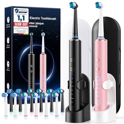 Cepillo de dientes eléctrico rotatorio 2 unidades Negro + Rosa para adultos y niños, 3 intensidades y 5 modos, cepillo dientes electrico con 12 cabezales, 2 estuches de viaje, batería de 120 días