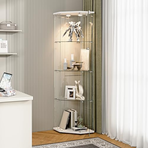 Zorvani Vitrina de Cristal de Esquina con 4 Niveles e iluminación LED, Vitrina de pie, Vitrina Coleccionable para Vino, Colecciones como Almacenamiento en salón, Dormitorio