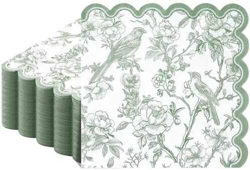 Celblisora 100 Stück Grün Servietten,Blumen-Vogelmotiv & Wellenrand Servietten,Einweg Dessert und Cocktailservietten für Decoupage,Babyparty und Geburtstag