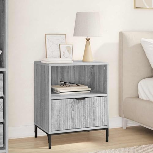 HFXHIJXQ Nachttisch Grau Sonoma 49x36x61 cm Holz Schublade Regal Stahlbein Bett Beistelltisch