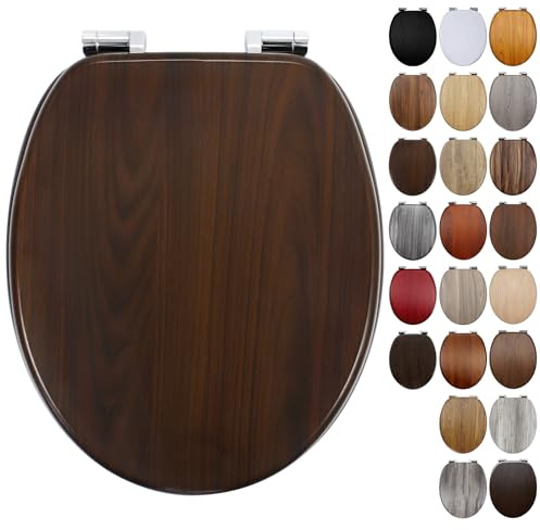 Wooden Toilet Seat Walnut with Adjustable Solid Soft Close Zinc Alloy Hinges, MDF Wood Oval Toilet Seat with Bottom Fixings, Easy to Clean and Install- 18 Inch