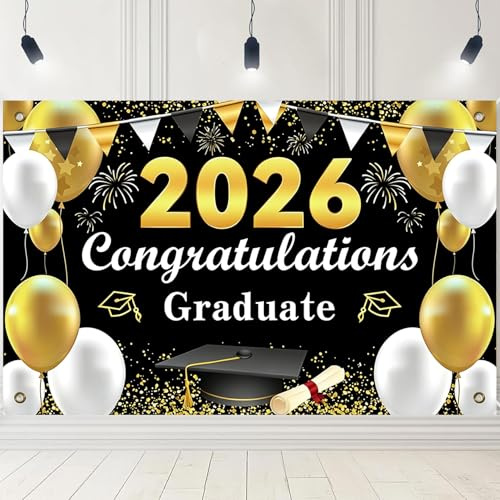 Abitur 2026 Geschenke,Abi 2026 Geschenk,Banner Deko Abschluss,Girlande Abschlussfeier Geschafft Dekoration,für Bachelor Bestanden Grundschule Party,Schwarz Gold Abschlussbanner 180x110cm