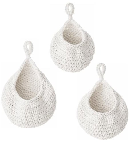 Naapesi 3 Stück Obstkörb Hängend, Handgewebt Baumwolle Wandkörbe Hangend, Hangekorb Kuche fur Obst und Gemuse, Geflochtener Korb zum Aufhangen, Boho Wandkorbe Aufbewahrung (Weiß)